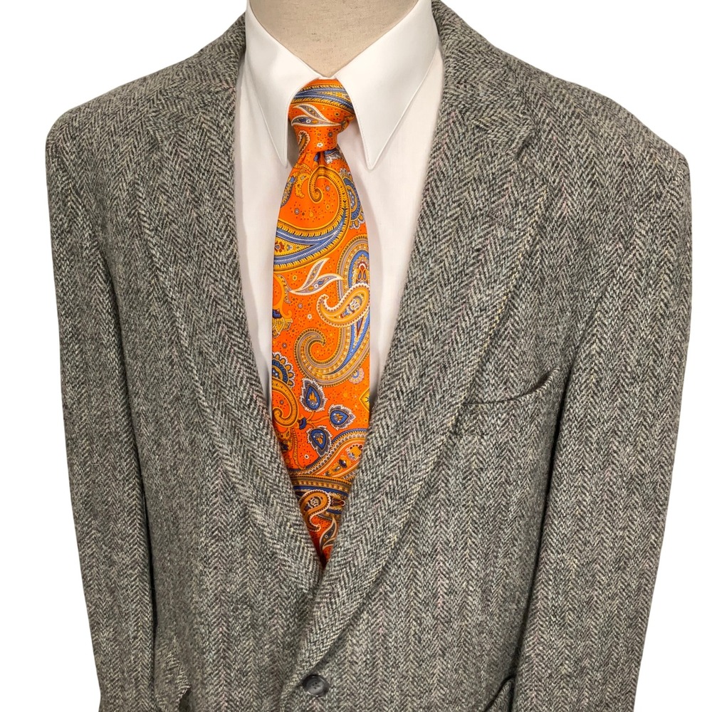 Hunter Haig Harris Tweed Blazer Mens 50R Gray Herringbone Scottish Wool Jacket